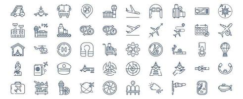 Sammlung von Symbolen im Zusammenhang mit Luftfahrt und Reisen, einschließlich Symbolen wie Flugzeug, Flughafen, Gepäck und mehr. vektorillustrationen, pixelperfekter satz vektor