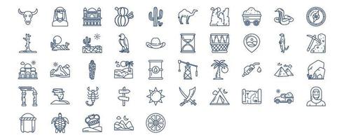 Sammlung von Symbolen im Zusammenhang mit der Wüste, darunter Symbole wie Tierschädel, Beduinen, Kakteen, Kamele und mehr. vektorillustrationen, pixelperfekter satz vektor