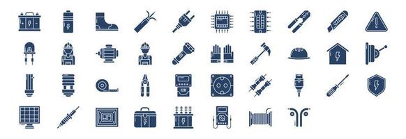 Sammlung von Symbolen im Zusammenhang mit Elektrikern, einschließlich Symbolen wie Akkumulator, Batterie, Stiefel, CPU und mehr. vektorillustrationen, pixelperfekter satz vektor