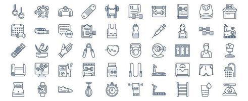 Sammlung von Symbolen im Zusammenhang mit Fitness und Fitnessstudio, einschließlich Symbolen wie Alarm, Expander, Hanteln und mehr. vektorillustrationen, pixelperfekter satz vektor