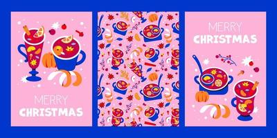 Weihnachtskarten-Set. heiße Wintergetränke, Glühwein, Mandarinen, nahtloses Muster vektor