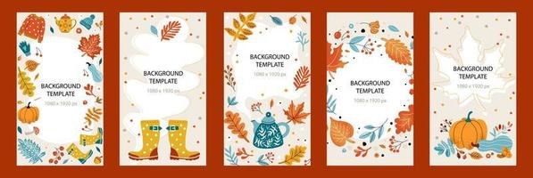 Herbstvorlage 1080x1920 für Geschichten. Design mit gemütlichen Herbstblättern, Teekanne, Pullover und Copyspace auf beigem Hintergrund vektor