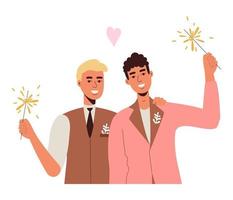 zwei schwule Liebhaber. LGBT-Hochzeit. Schöne Jungs mit Blumen mit Wunderkerzen im Smoking vektor