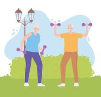 Senioren machen Übungen mit Hanteln im Park vektor