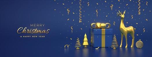 Weihnachtsbanner. komposition aus geschenkbox mit goldener schleife goldhirsche und goldene metallische kiefern, fichten. Neujahrsbäume, Bälle. weihnachtshintergrund, grußkarte, kopfzeile. Vektor-3D-Darstellung. vektor