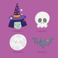 glad halloween häxa, skalle, måne, bat ikoner vektor