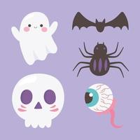 glad halloween spöke, skalle, spindel, läskigt öga, bat ikoner vektor