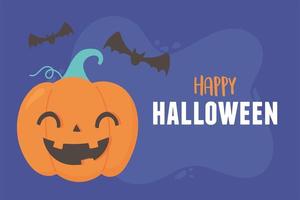 Glücklicher Halloween lächelnder Kürbis und fliegende Fledermauskarte vektor