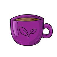 violette Tasse Kaffee oder Tee. Zeichnung eines Blattes auf einer Tasse. Herbststimmung. Vektor-Illustration. Cartoon-Stil vektor