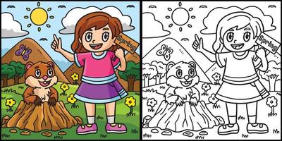 flicka och groundhog färg sida illustration vektor