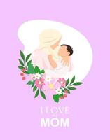 muslim mor och son med blommor. Lycklig mödrar dag isolerat på vit bakgrund - vektor illustration
