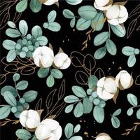 vattenfärg teckning. sömlös mönster med eukalyptus löv och bomull blommor på en mörk bakgrund vektor