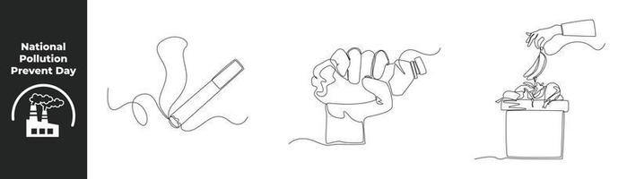 Kontinuierliche einzeilige Zeichnung der nationalen Verschmutzung verhindern den Tag-Konzeptsatz. Zigarette mit Rauch, handdrückende Plastikflasche und Hände werfen Bananenschalenmüll in den Müll. Vektor-Illustration. vektor