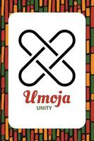 Sieben Prinzipien der Kwanzaa-Karte. Symbol umoja bedeutet Einheit. pädagogisches plakatdesign des afrikanischen erbes vektor