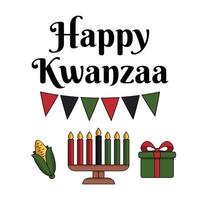 grußkarte happy kwanzaa im modernen flachen stil mit kinara-kerzenhalter, mais, geschenkbox - traditionelle kwanza-symbole. Vektor isoliert auf weißem Hintergrund. Feier des afrikanischen Erbes.