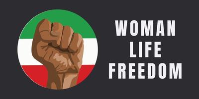 kvinna liv frihet - slogan för iranian kvinnor protest. kvinnors Uppfostrad hand med knöt näve på flagga av iran bakgrund, runda bricka stämpel t skjorta design. likvärdig rättigheter för kvinnor. vektor