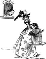 tecknad serie av kvinna med en bur fågel, årgång illustration. vektor