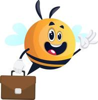 Biene winkt mit Aktenkoffer, Illustration, Vektor auf weißem Hintergrund.