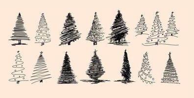Reihe stilisierter Kiefernsilhouetten. Vektor-Illustration. andere Art Weihnachtsbaum handgezeichneter Vektorsatz, Skizzenstil andere Art Kiefernbaumsatz.