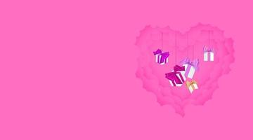 papper skära hjärta form 3d design vektor illustration kärlek, 8 Mars och hjärtans dag av papper stil moln med gåva i moln. papper skära stil. vektor rosa illustration