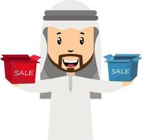 Arabische Männer mit Verkaufsbox, Illustration, Vektor auf weißem Hintergrund.