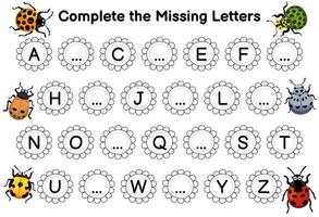 Lernspiel zum Vervollständigen der fehlenden Buchstaben mit einem niedlichen Cartoon-Marienkäfer-Bild zum Ausdrucken vektor