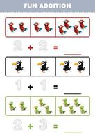 Lernspiel für Kinder, lustige Ergänzung durch Zählen und Verfolgen der Anzahl der niedlichen Cartoon-Papagei, Tukan, Sittich, druckbares Tierarbeitsblatt vektor