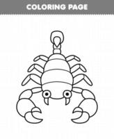bildungsspiel für kinder malseite des niedlichen cartoon skorpion strichzeichnungen druckbares käferarbeitsblatt vektor
