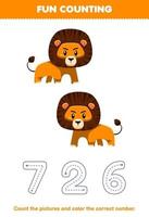 Lernspiel für Kinder Zähle die Bilder und male die richtige Zahl aus dem druckbaren Tierarbeitsblatt des niedlichen orangefarbenen Löwen aus vektor