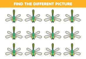 Lernspiel für Kinder Finden Sie das andere Bild des druckbaren Fehlerarbeitsblatts der niedlichen Cartoon-Libelle vektor