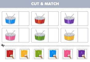 utbildning spel för barn skära och match de samma Färg av tecknad serie trumma tryckbar musik instrument kalkylblad vektor