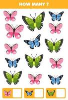 Lernspiel für Kinder, die suchen und zählen, wie viele Objekte des niedlichen Cartoon-Schmetterlings druckbares Fehler-Arbeitsblatt sind vektor