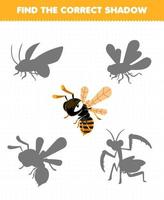 utbildning spel för barn hitta de korrekt skugga uppsättning av söt tecknad serie bi tryckbar insekt kalkylblad vektor