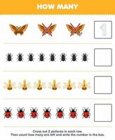 Bildungsspiel für Kinder Zählen Sie, wie viele niedliche Cartoon-Mottenkäfer, Libelle, Marienkäfer, und schreiben Sie die Anzahl in das Kästchen. Druckbares Fehler-Arbeitsblatt vektor