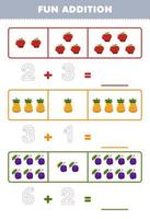 Bildungsspiel für Kinder Spaßzusatz durch Zählen und Verfolgen der Anzahl der niedlichen Cartoon-Apfel-Ananas-Pflaumen-Druckbares Obst-Arbeitsblatt vektor