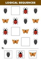 utbildning spel för barn logisk sekvenser för barn med söt tecknad serie lus nyckelpiga fjäril tryckbar insekt kalkylblad vektor
