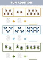 utbildning spel för barn roligt tillägg förbi räkning och spårande de siffra av söt tecknad serie nyckelpiga fjäril skalbagge tryckbar insekt kalkylblad vektor