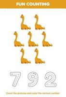 Bildungsspiel für Kinder, zählen Sie die Bilder und färben Sie die richtige Zahl aus dem druckbaren prähistorischen Dinosaurier-Arbeitsblatt des niedlichen Cartoon-Brontosaurus vektor