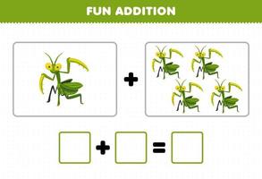 Lernspiel für Kinder Spaßzusatz durch Zählen der niedlichen Cartoon-Mantis-Bilder zum ausdruckbaren Fehler-Arbeitsblatt vektor