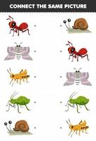 Bildungsspiel für Kinder Verbinden Sie das gleiche Bild des niedlichen Cartoon-Ameisenmottenheuschrecken-Blattlausschnecken-Arbeitsblatts zum Ausdrucken vektor