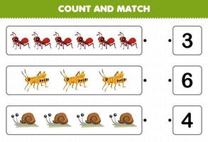 utbildning spel för barn räkna de siffra av söt tecknad serie myra gräshoppa snigel och match med de rätt tal tryckbar insekt kalkylblad vektor