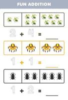 Lernspiel für Kinder Spaßzusatz durch Zählen und Verfolgen der Anzahl der niedlichen Cartoon-Mantis-Spinnenkäfer zum Ausdrucken des Fehler-Arbeitsblatts vektor