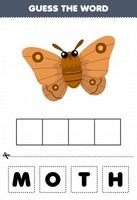 bildungsspiel für kinder erraten sie die wortbuchstaben üben des druckbaren käferarbeitsblattes der niedlichen cartoonmotte vektor