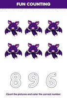 Lernspiel für Kinder, zählen Sie die Bilder und färben Sie die richtige Zahl aus dem druckbaren Tierarbeitsblatt der niedlichen Cartoon-lila Fledermaus vektor