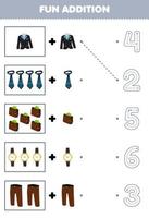 utbildning spel för barn roligt tillägg av tecknad serie kostym slips plånbok Kolla på Byxor sedan välja de korrekt siffra förbi spårande de linje kläder kalkylblad vektor