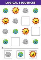 utbildning spel för barn logisk sekvenser för barn med söt tecknad serie jord planet Sol måne tryckbar sol- systemet kalkylblad vektor