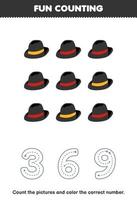 utbildning spel för barn räkna de bilder och Färg de korrekt siffra från tecknad serie svart fedora hatt tryckbar wearable kläder kalkylblad vektor