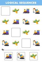 bildungsspiel für kinder logische sequenzen für kinder mit niedlichem cartoon-flugzeug lokomotive zug bagger druckbares transportarbeitsblatt vektor