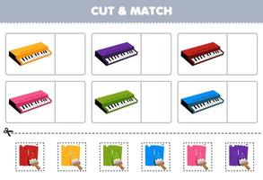 bildungsspiel für kinder schneiden und passen sie die gleiche farbe des druckbaren musikinstrument-arbeitsblatts der cartoon-tastatur an vektor