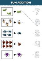 Bildungsspiel für Kinder, das Spaß beim Zählen hat, und fügen Sie ein weiteres niedliches Cartoon-Käfertier hinzu, und wählen Sie dann die richtige Zahl aus, indem Sie das Linienarbeitsblatt nachzeichnen vektor